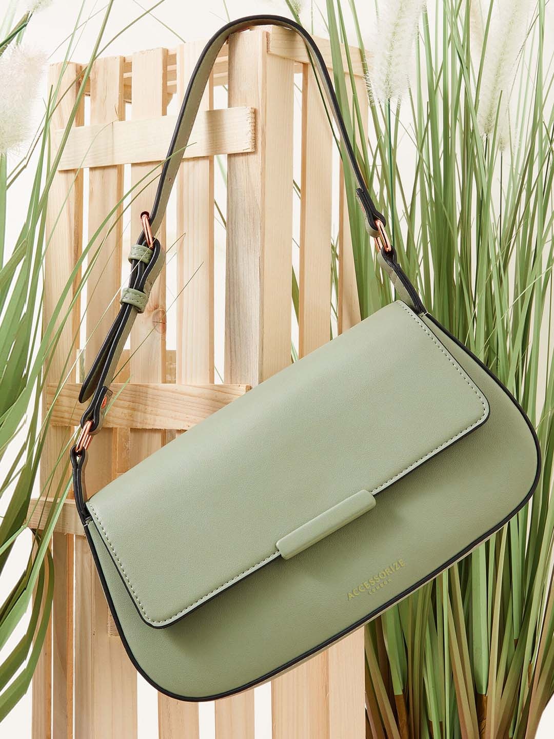 

Accessorize London Women's Faux Leather Green Buckle Strap Bar Shoulder Bag