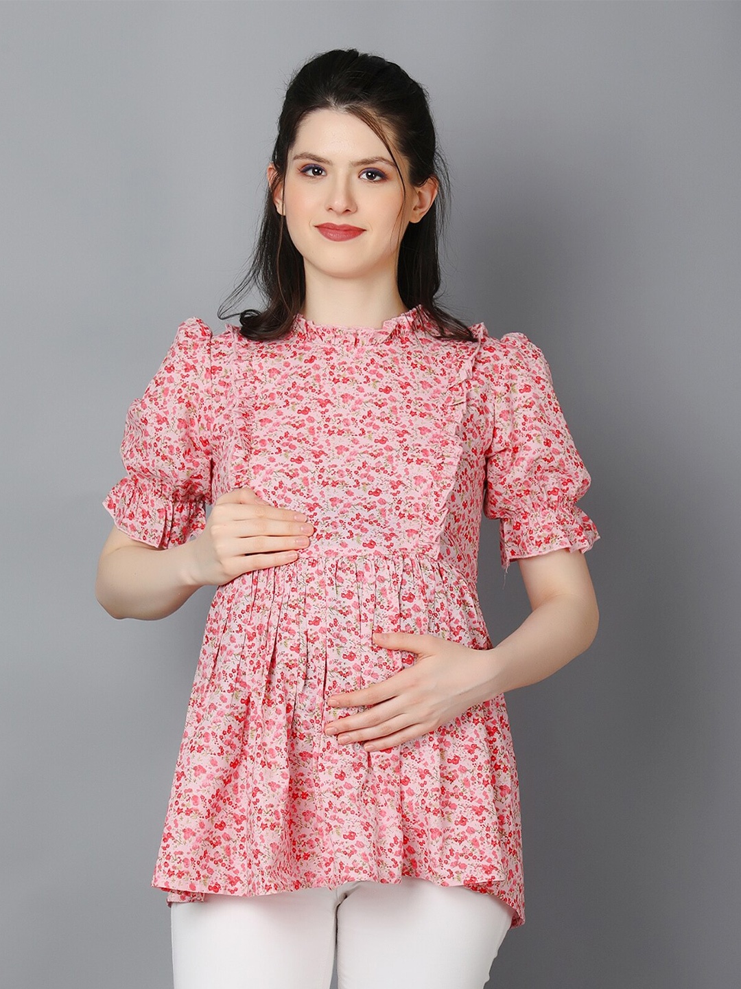 

Zuvino Floral Printed High Neck Puff Sleeves Ruffled Peplum Maternity Top, Pink