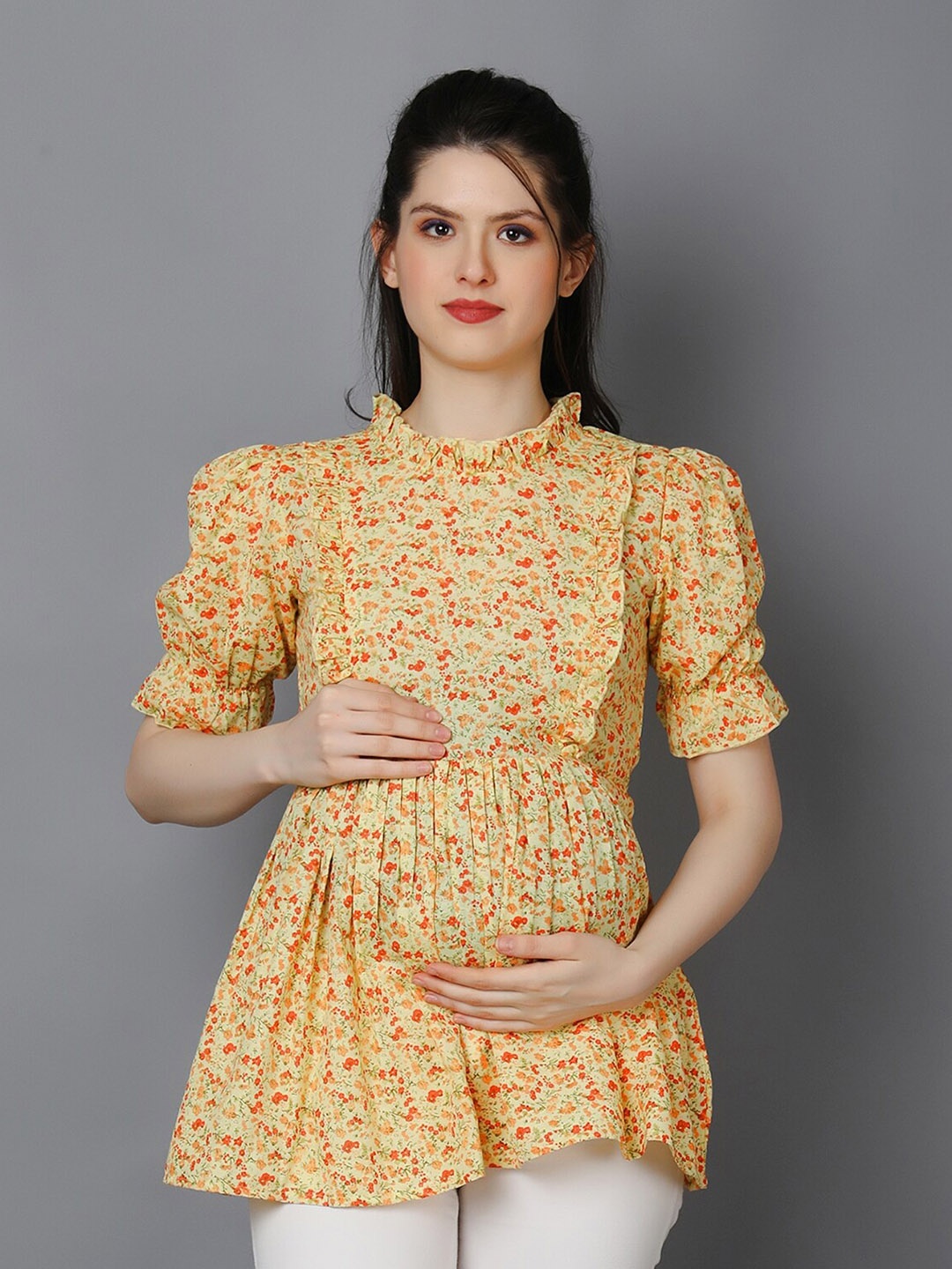 

Zuvino Floral Printed High Neck Puff Sleeves Ruffled Empire Maternity Top, Yellow