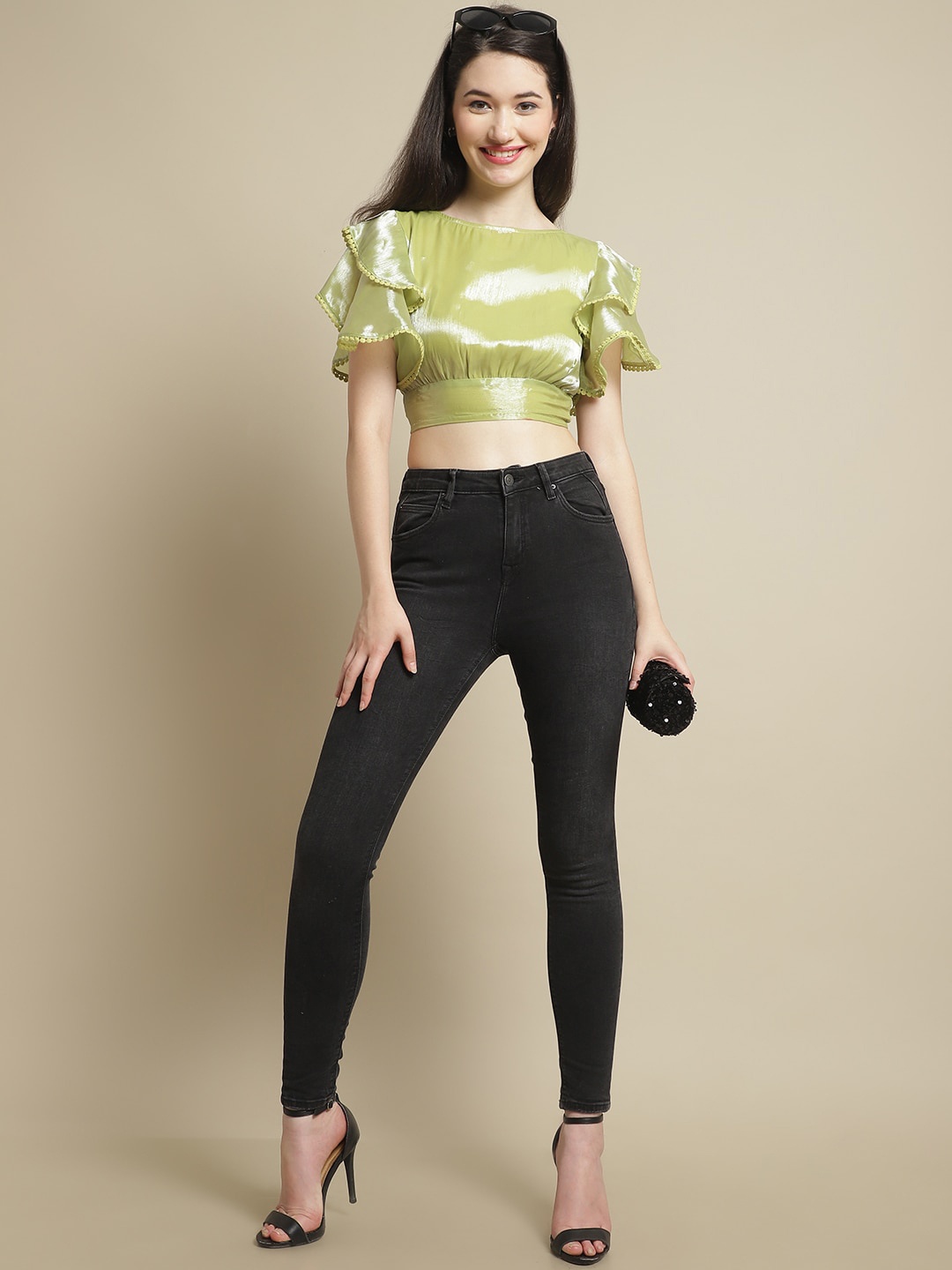 

BLANC9 Tie And Dye Printed Smocked Flutter Sleeves Styled Back Crop Top, Green