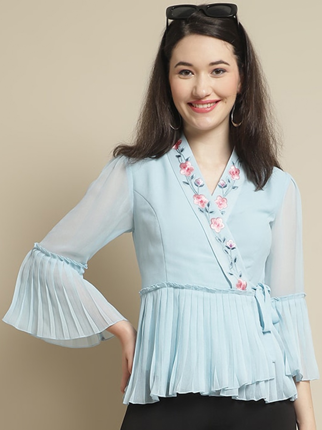 

BLANC9 V-Neck Bell Sleeves Embroidered Wrap Top, Blue