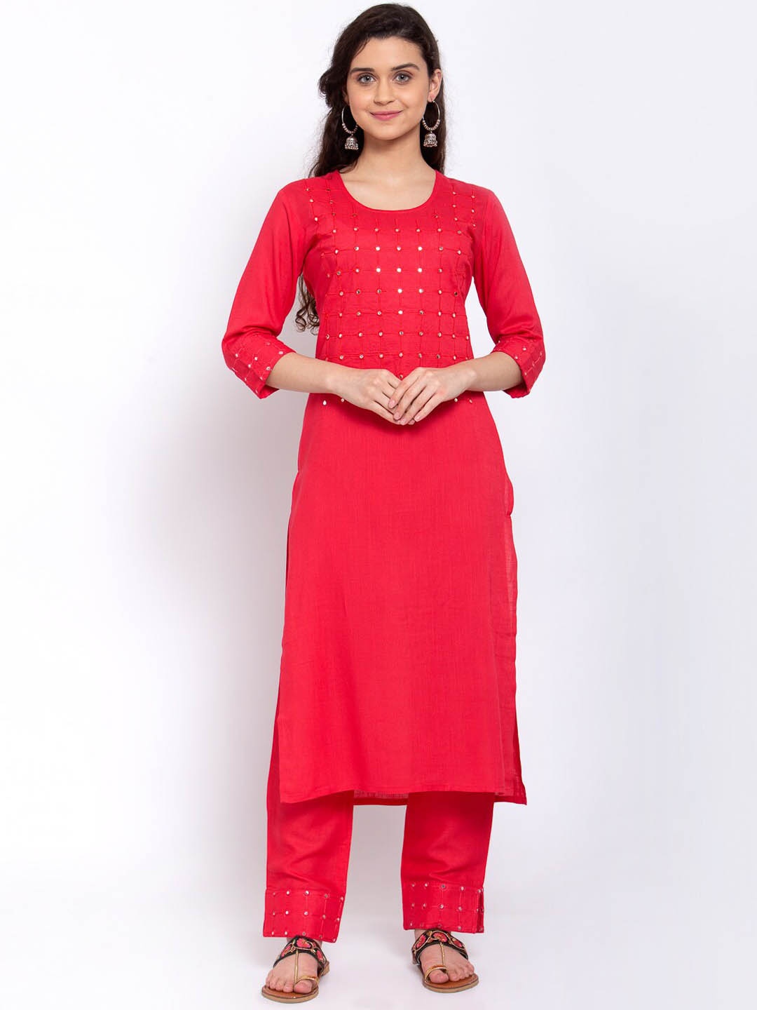 

Stylespace by Isha Embroidered Mirror Work Pure Cotton Kurta with Palazzos, Maroon