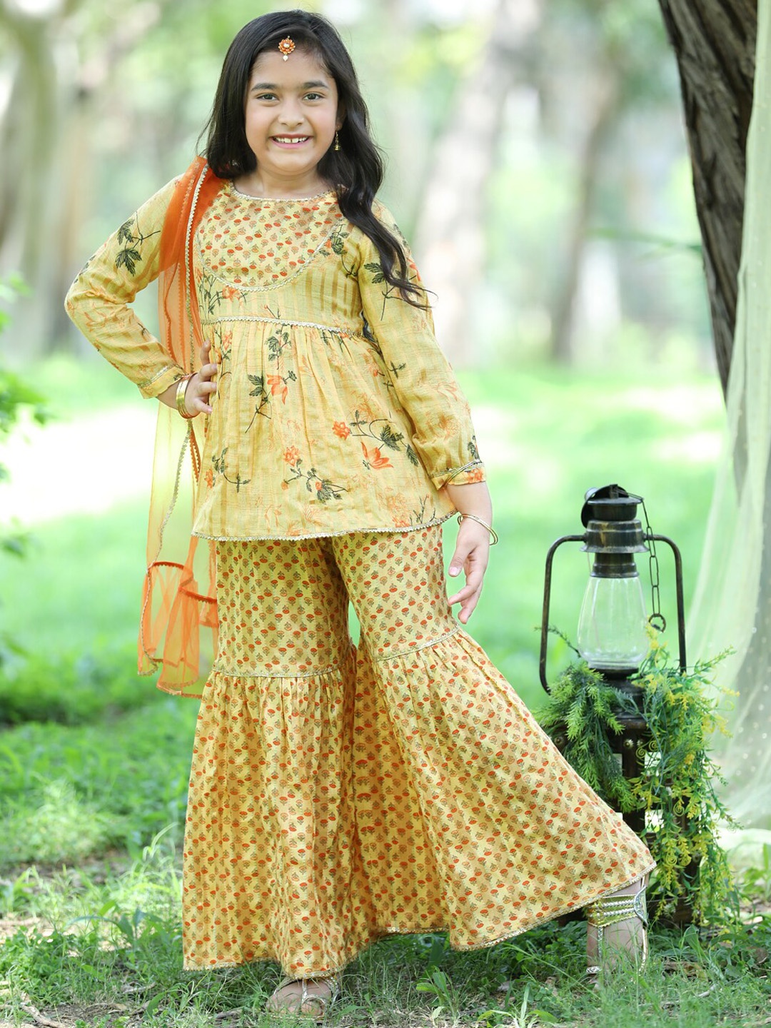 

Cutiekins Girls Floral Printed Gathered Kurta & Sharara with Dupatta, Mustard