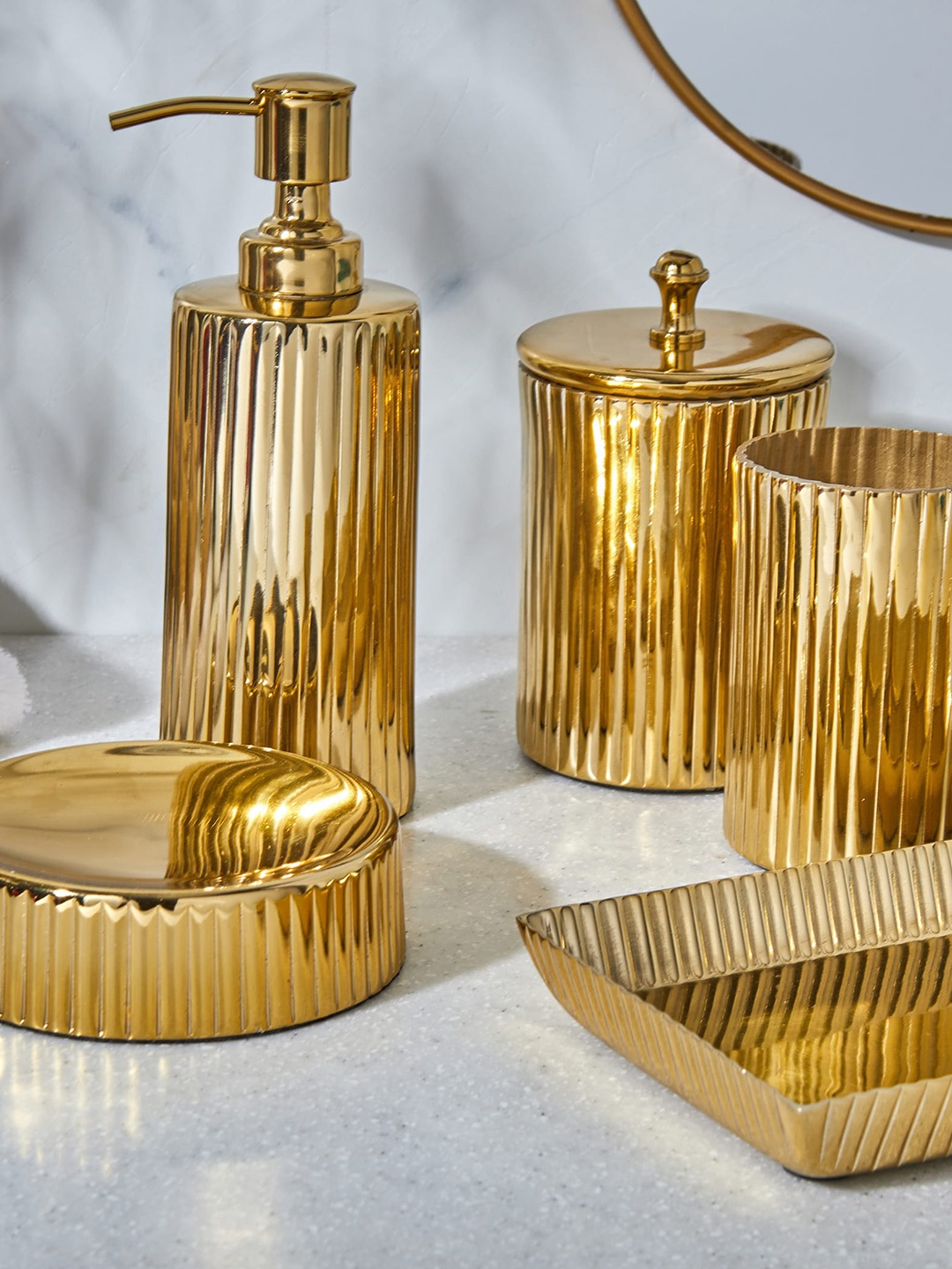 

Home Centre Golden Panama Vertico Textured Metal Soap Dispenser - 200 ML, Gold