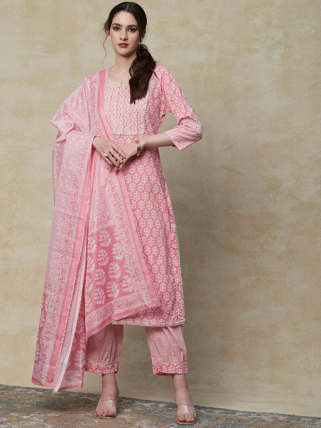 

FASHOR Pink Yoke Design Ethnic Motifs Printed Gotta Patti Kurta with Trousers & Dupatta