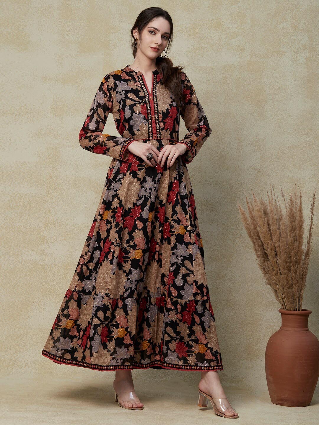 

FASHOR Black Embroidered Floral Printed Mandarin Collar Fit & Flare Maxi Ethnic Dress