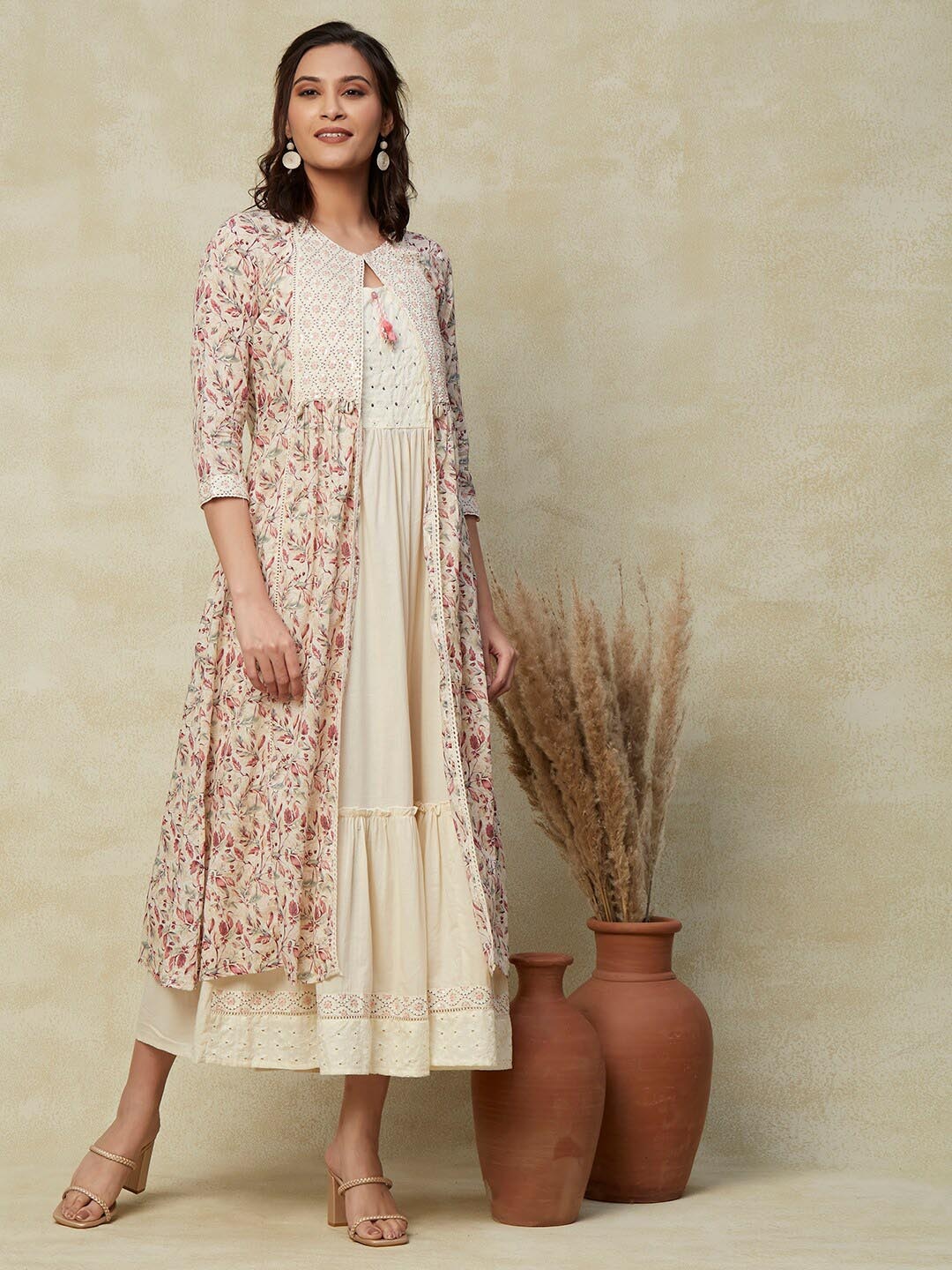 

FASHOR Off White Embroidered Conversational Printed Fit & Flare Ethnic Dress With Jacket