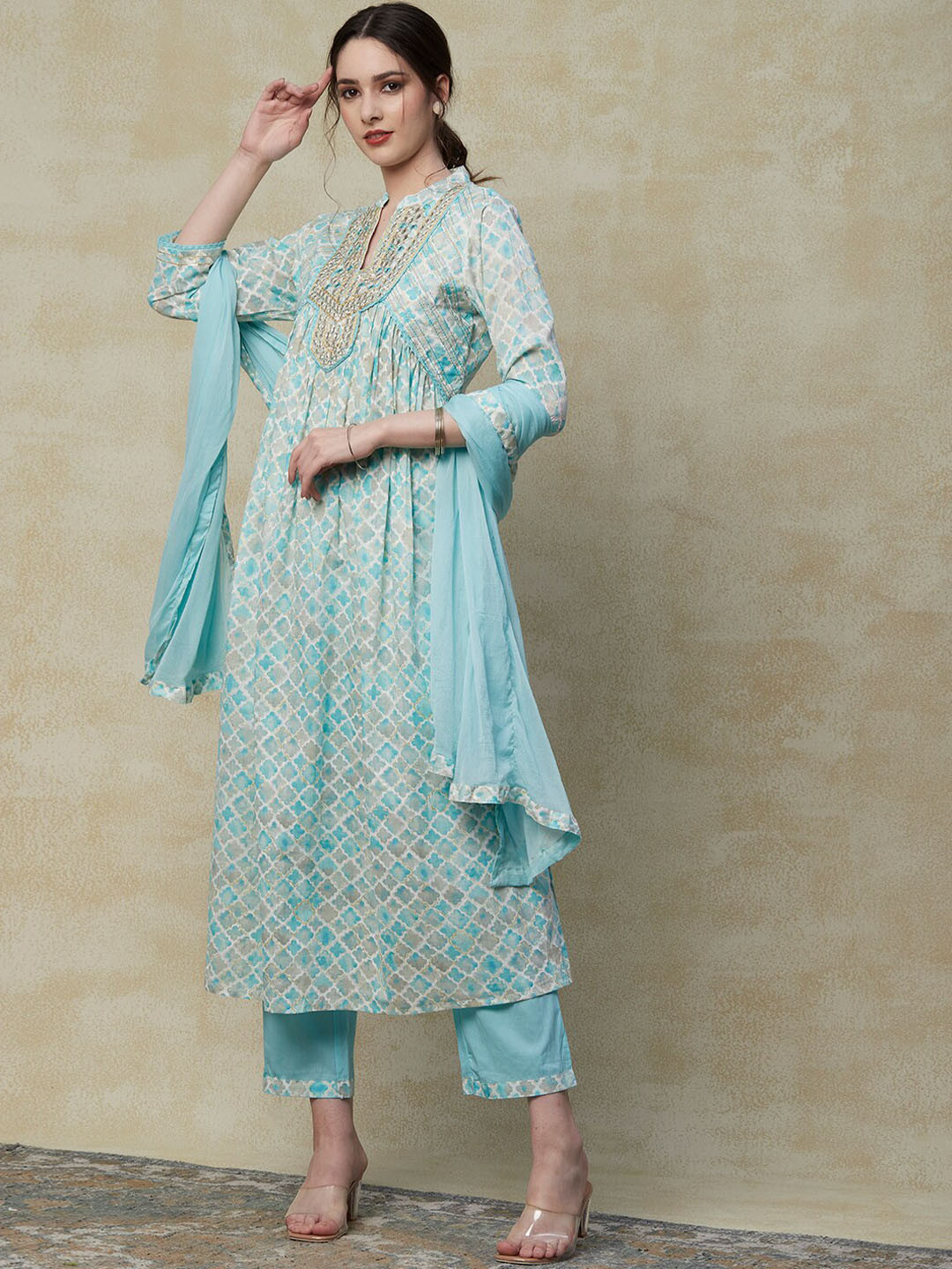 

FASHOR Turquoise Blue Yoke Design Printed Mirror Work Kurta with Trousers & Dupatta