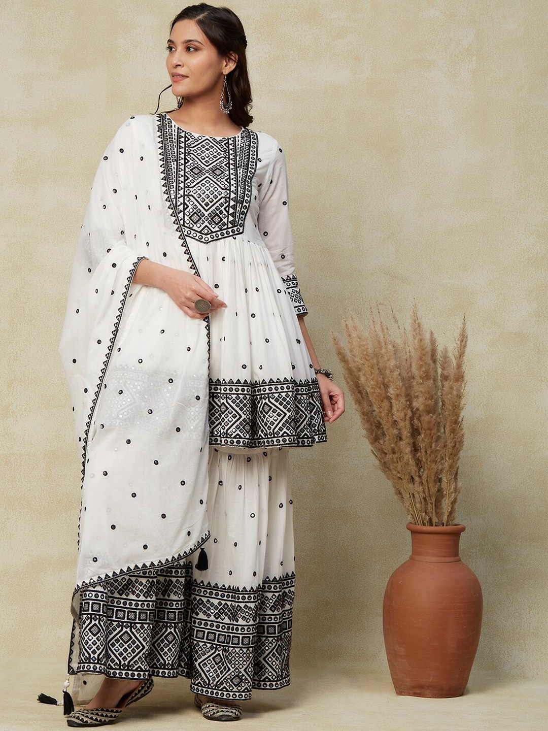 

FASHOR White Embroidered Mirror Work Pure Cotton Kurta with Sharara & Dupatta