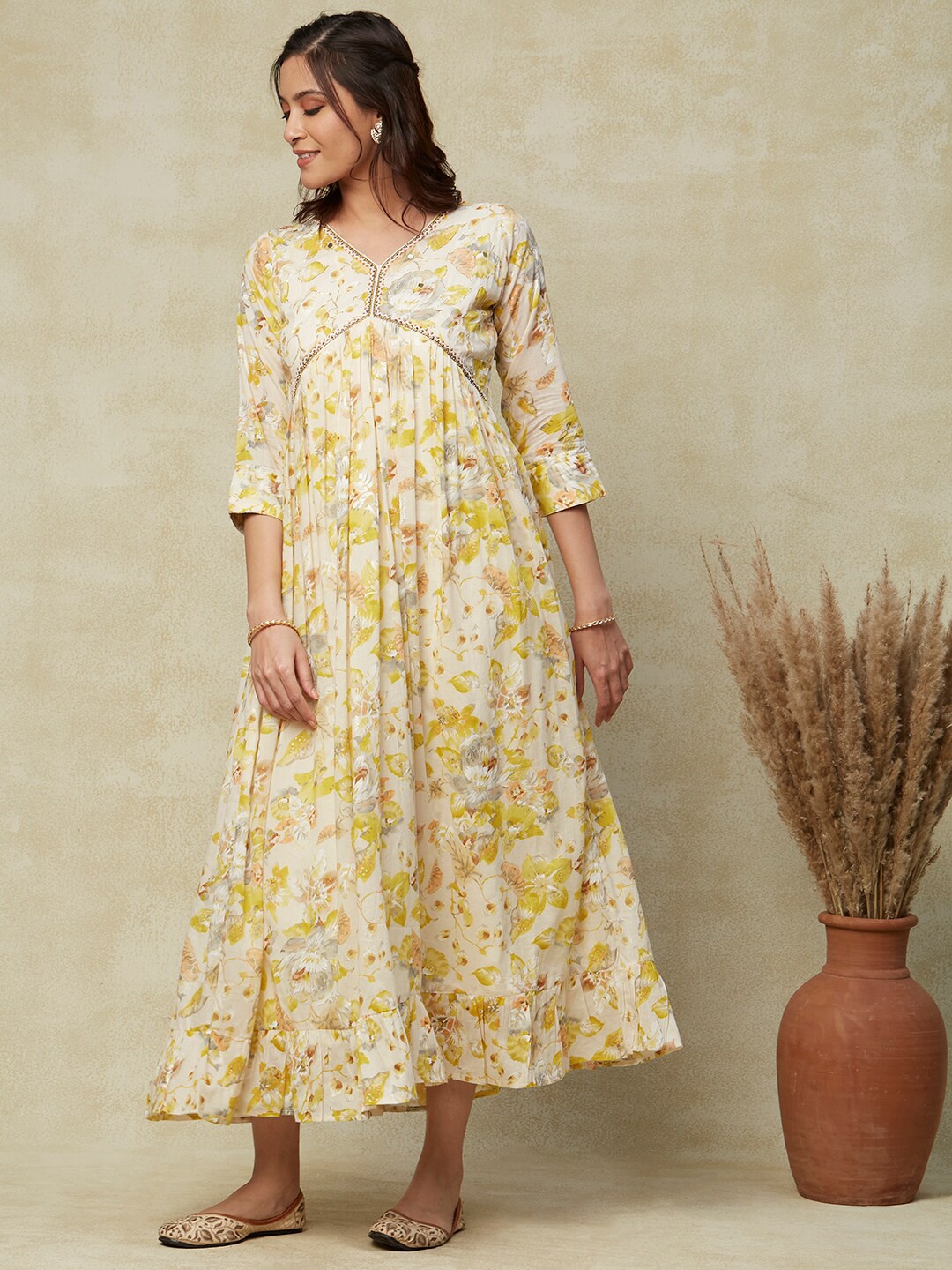 

FASHOR Yellow Embroidered Floral Printed V-Neck Fit & Flare Maxi Ethnic Dress, Off white