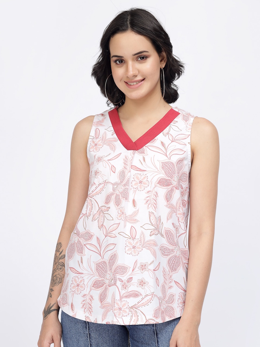 

YOONOY Floral Printed Sleeveless Cotton Top, White