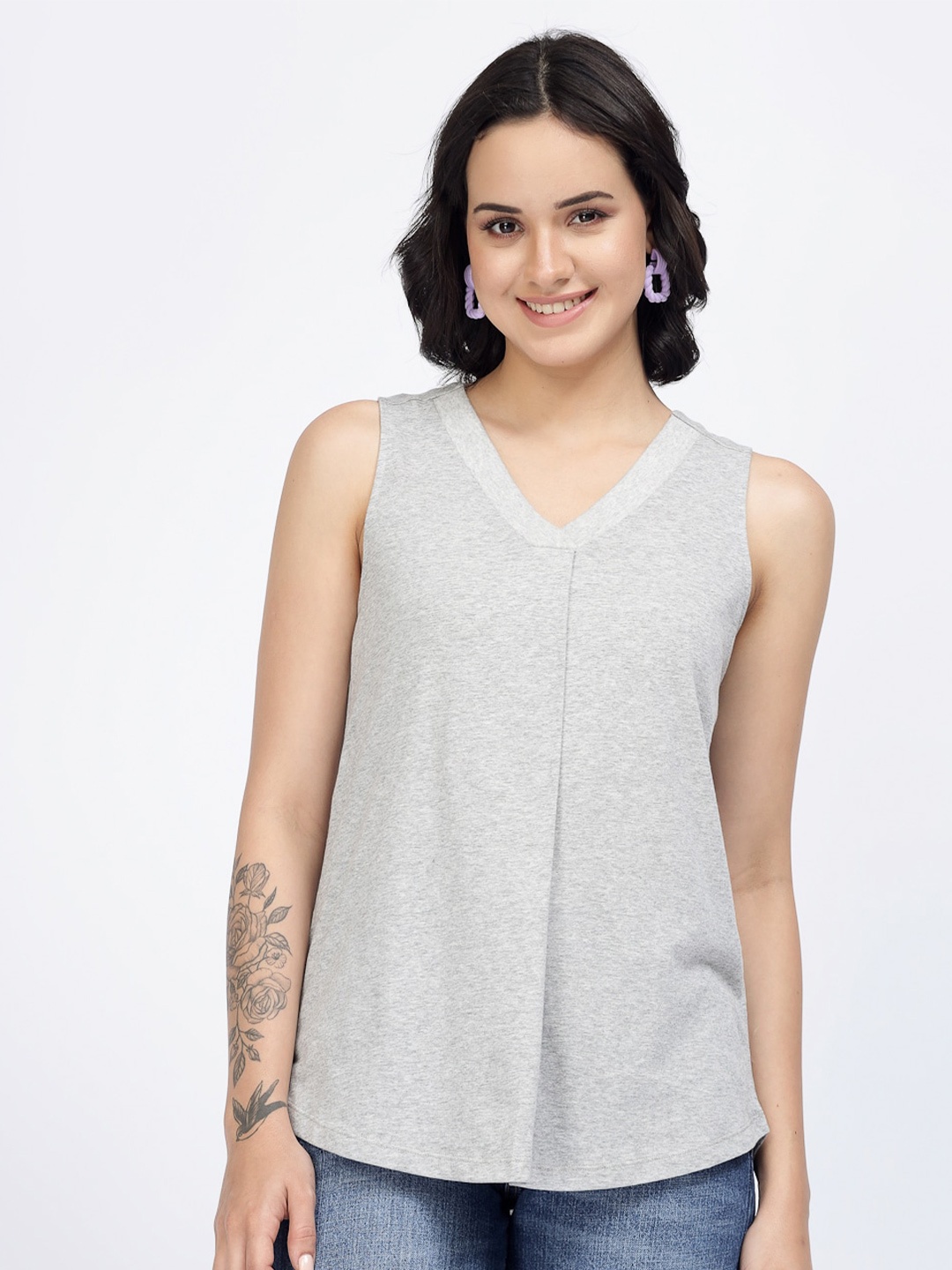 

YOONOY V-Neck Sleeveless Pleated Knitted Pure Cotton Top, Grey