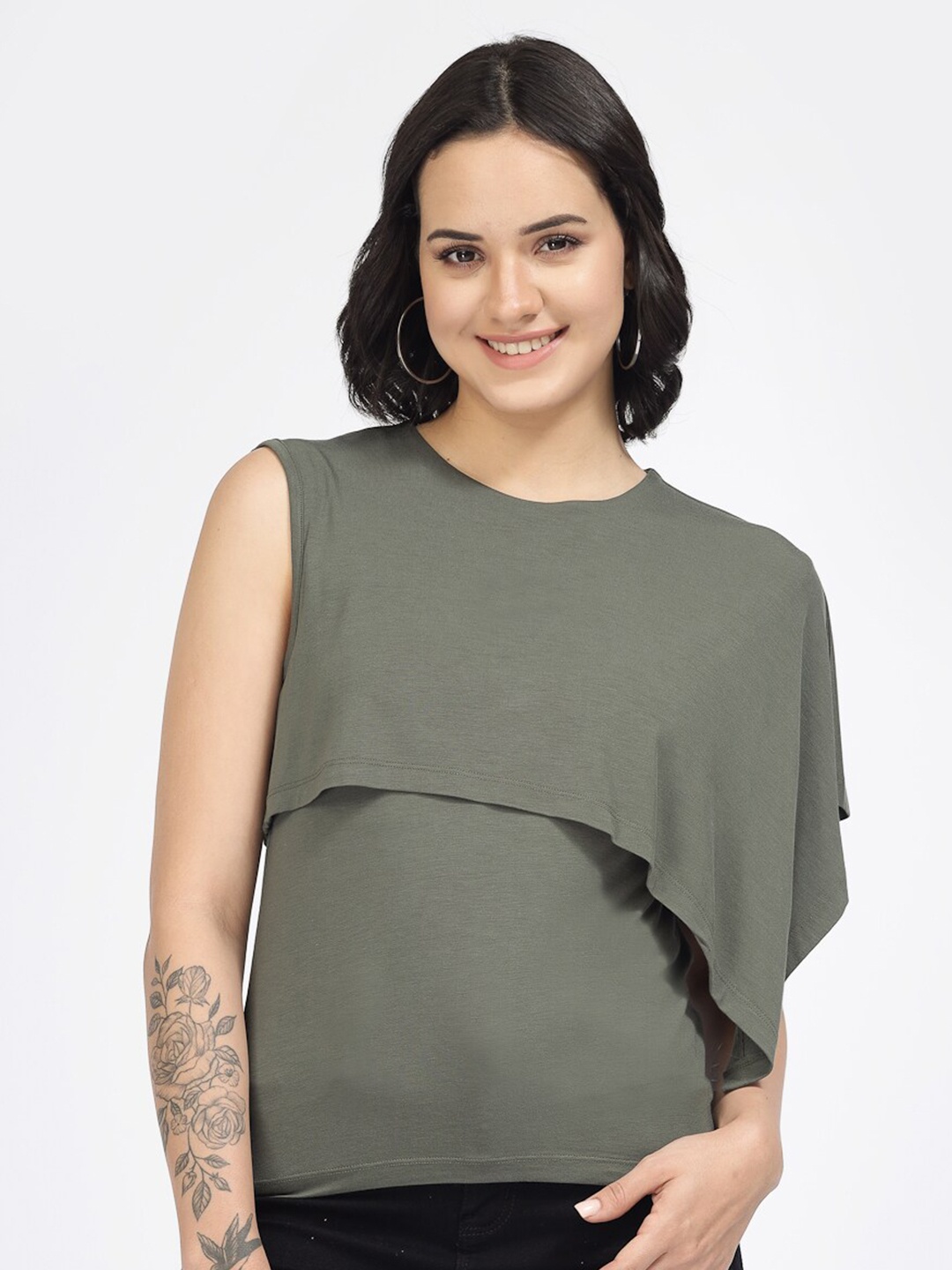 

YOONOY Cape Sleeve Knitted Pure Cotton Top, Olive