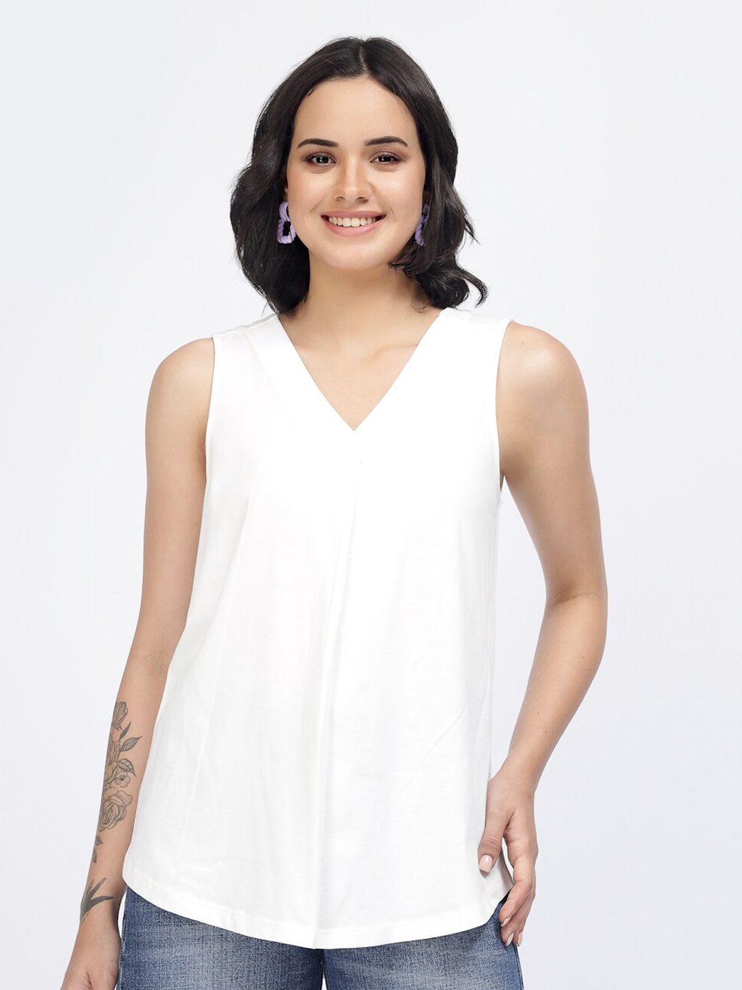 

YOONOY Pleated V-Neck A-Line Pure Cotton Top, White