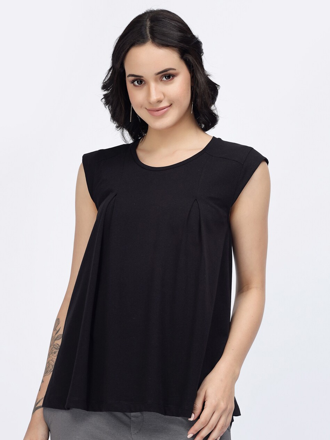 

YOONOY Round Neck Cap Sleeves Pleated A-Line Cotton Top, Black