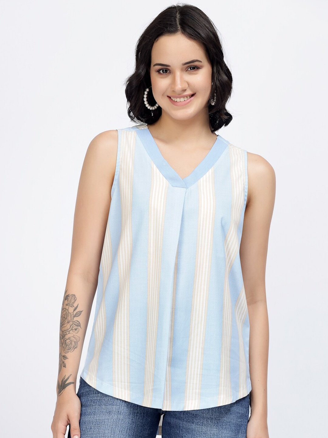 

YOONOY Striped V-Neck Sleeveless Pure Cotton Top, Blue