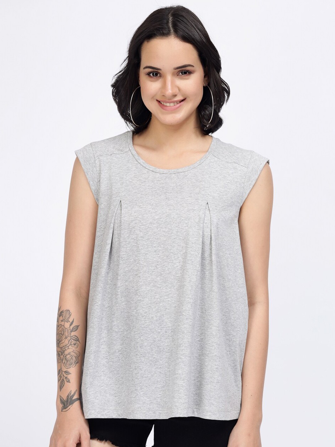 

YOONOY Pleated A-Line Pure Cotton Top, Grey