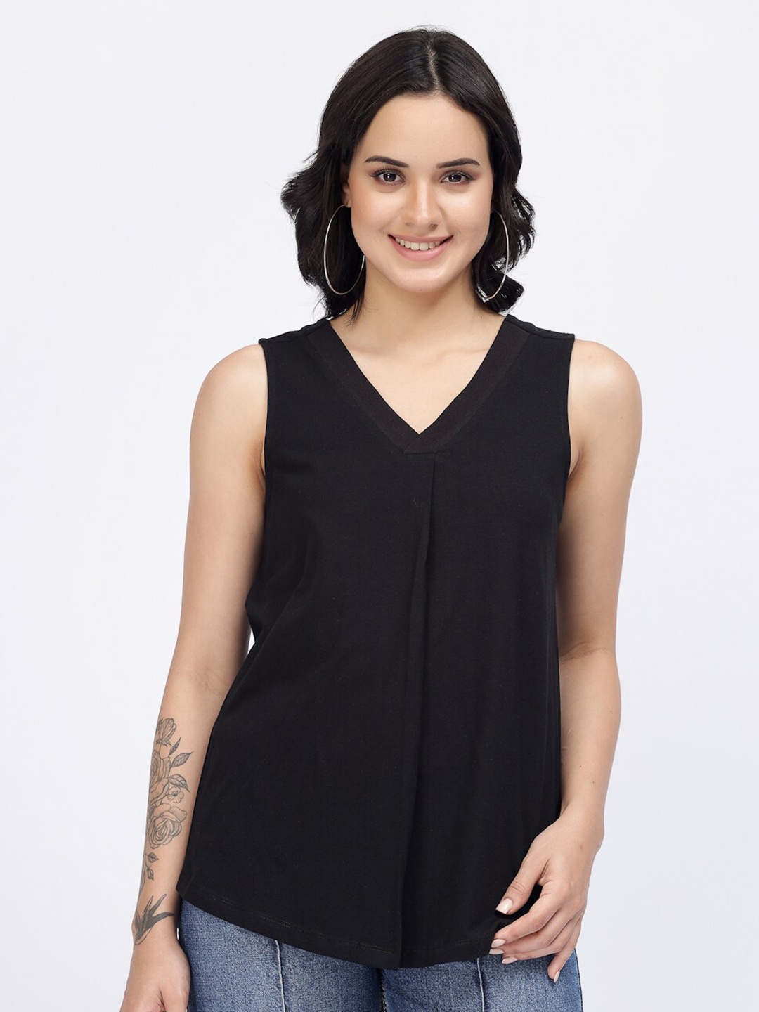 

YOONOY V-Neck Sleeveless Pleated Knitted Pure Cotton Top, Black
