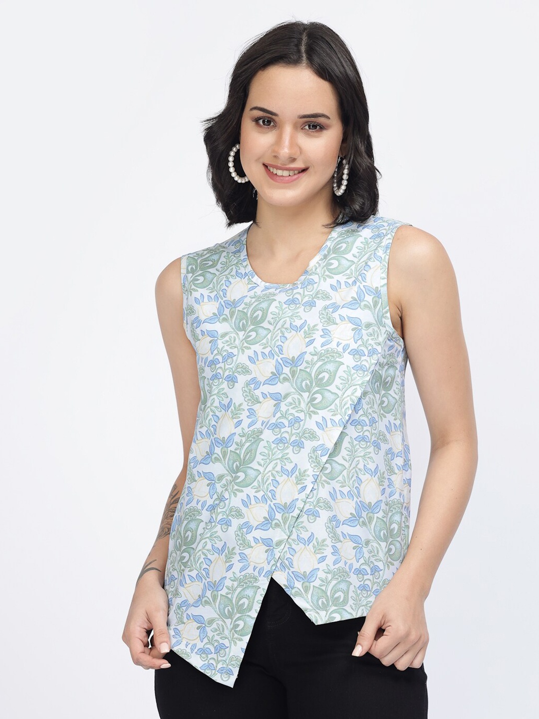

YOONOY Floral Printed Sleeveless Pure Cotton Top, Blue
