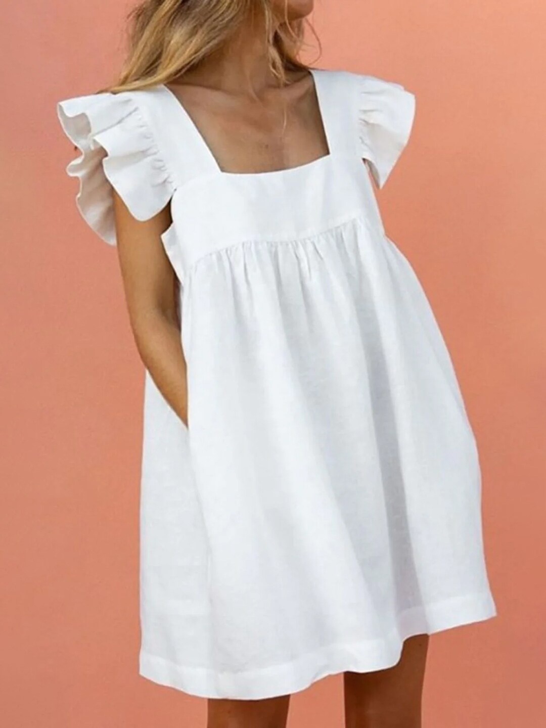 

Styched Square Neck Flutter Sleeve A-Line Dress, White