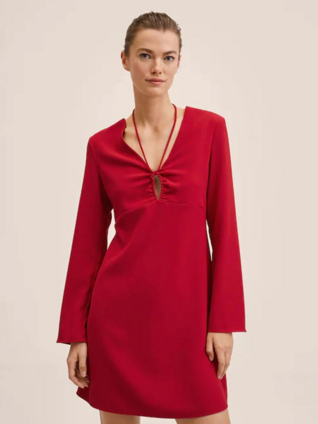 

Styched Cut-Out V-Neck A-line Dress, Red