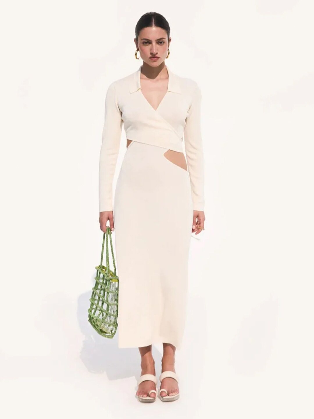 

Styched Shirt Collar Long Sleeves Cut-Out Maxi Dress, White