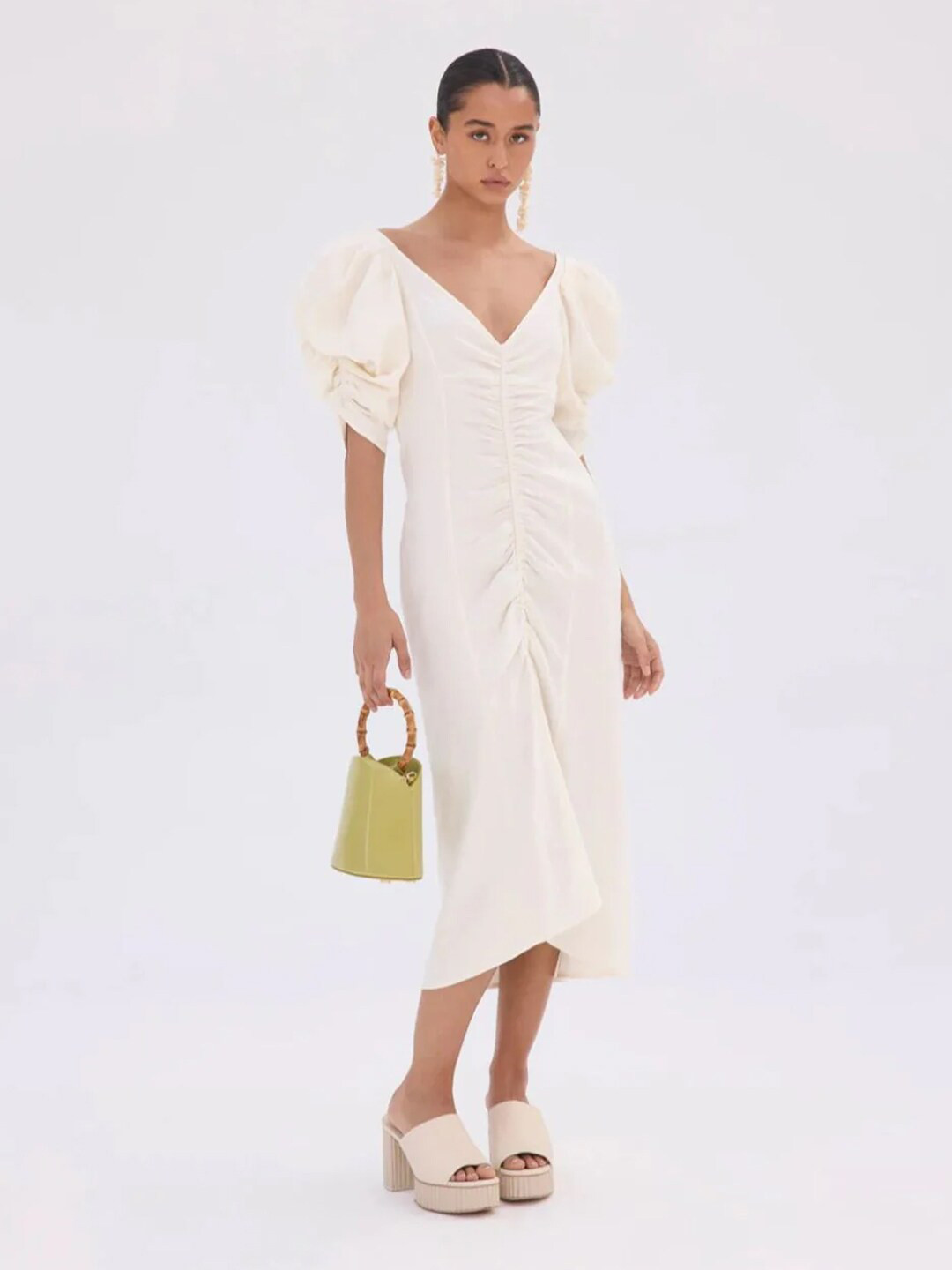 

Styched V-Neck Puff Sleeves Ruched Detail Cotton A-Line Midi Dress, White
