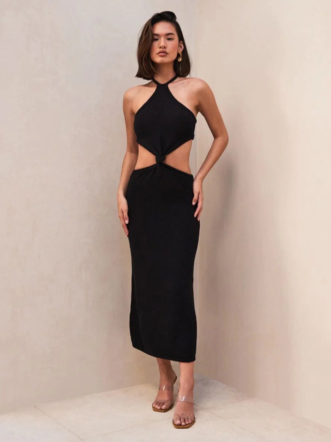 

Styched Halter Neck Cut-out Bodycon Midi Dress, Black