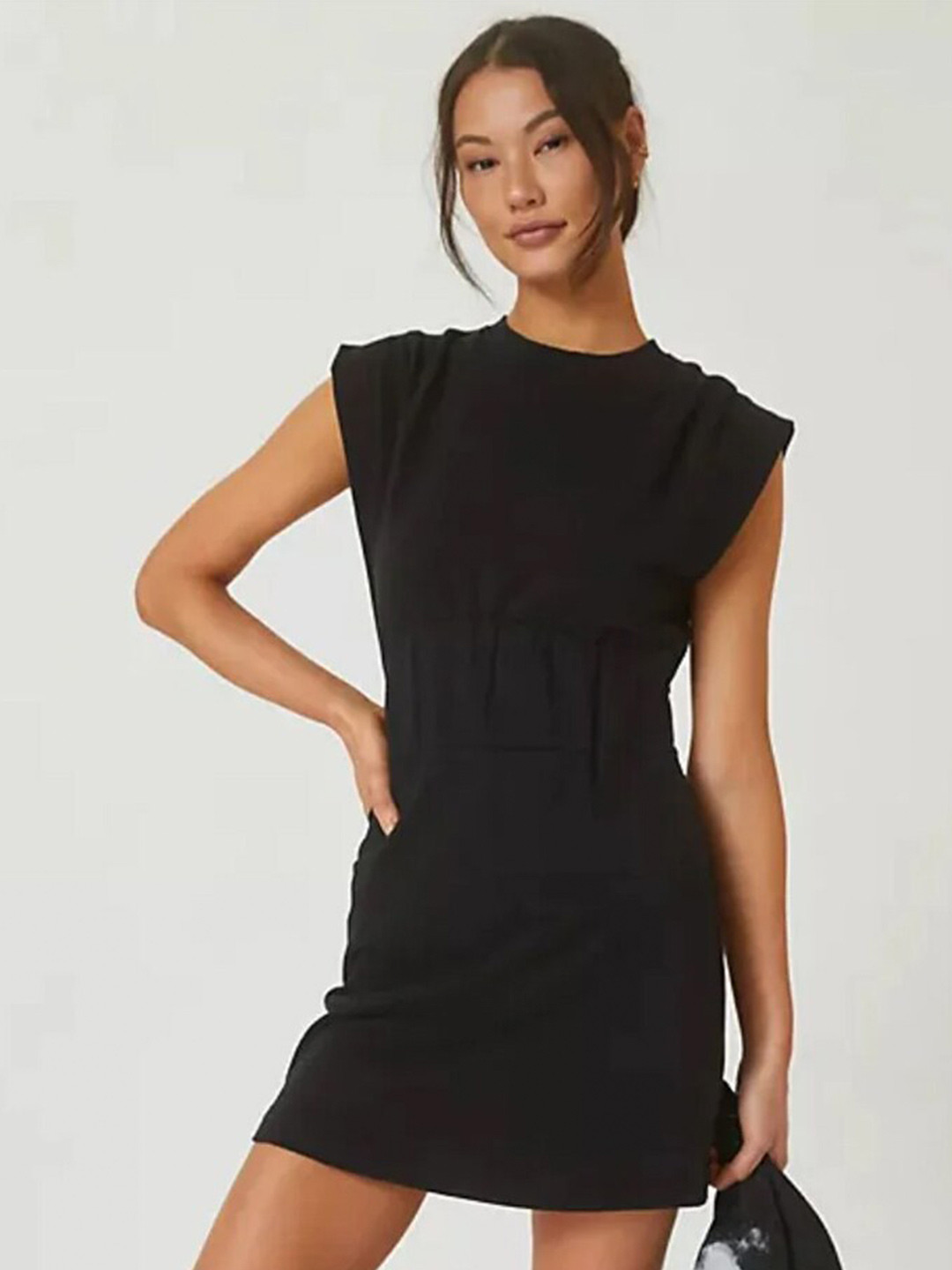

Styched Extended Sleeves Cotton Sheath Dress, Black
