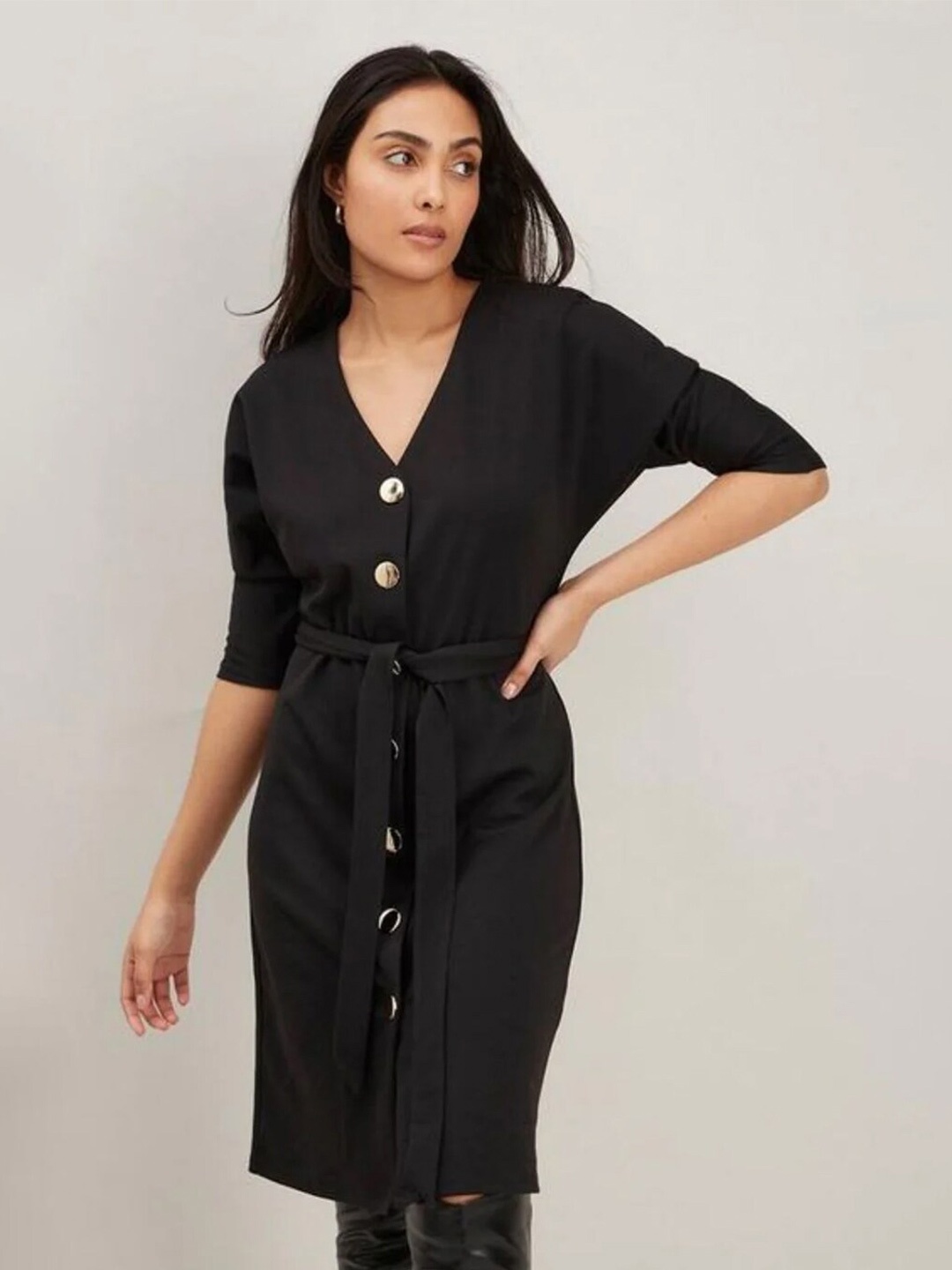 

Styched Extended Sleeves Shirt Dress, Black