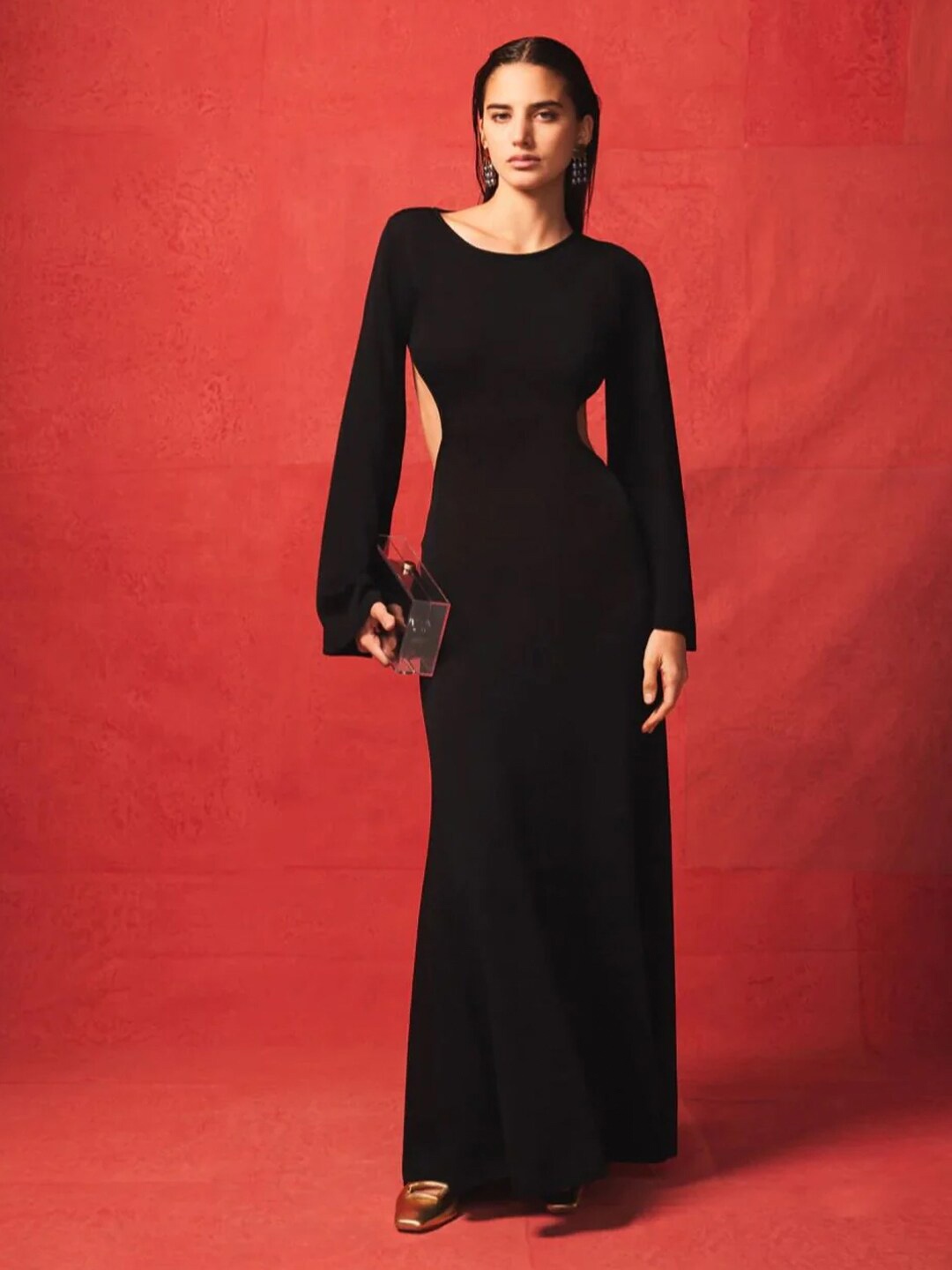 

Styched Bell Sleeves Maxi Dress, Black