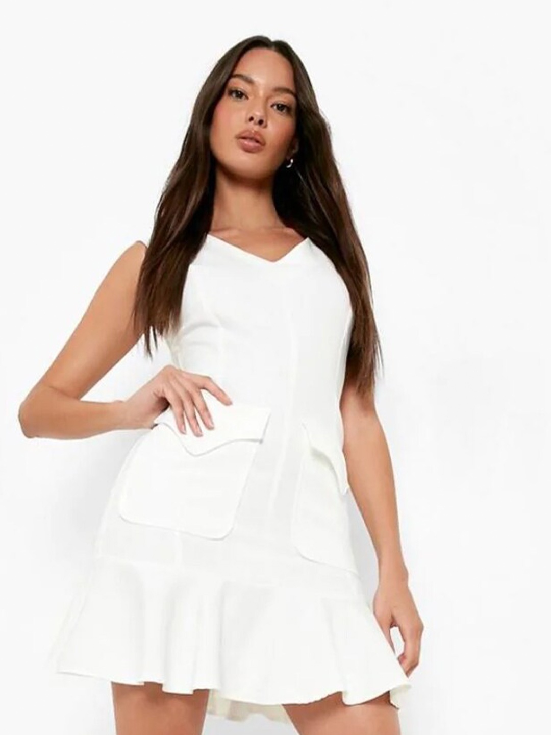

Styched V-Neck A-Line Dress, White