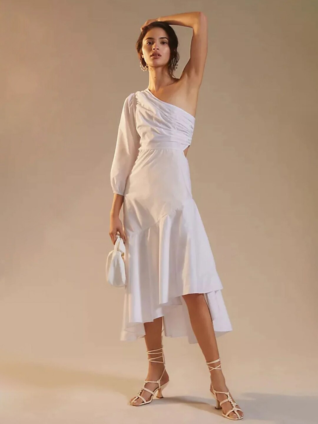 

Styched Off-Shoulder Puffed Sleeves Cotton Fit & Flare Midi Dress, White