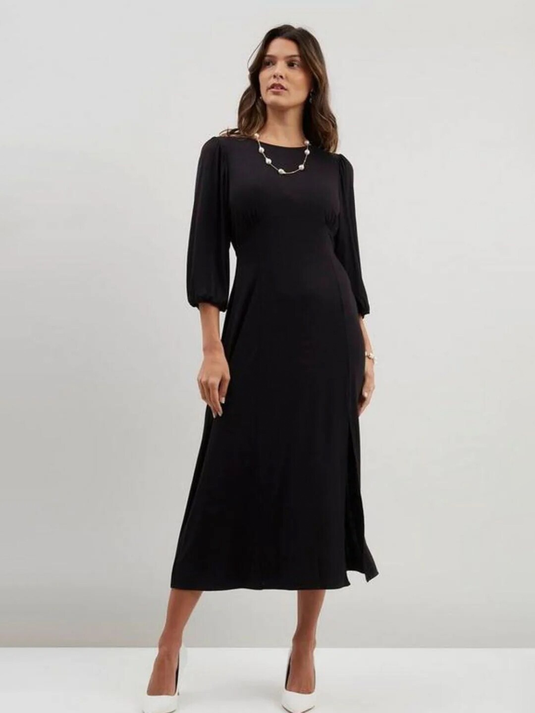 

Styched Round Neck Puff Sleeves A-Line Midi Dress, Black