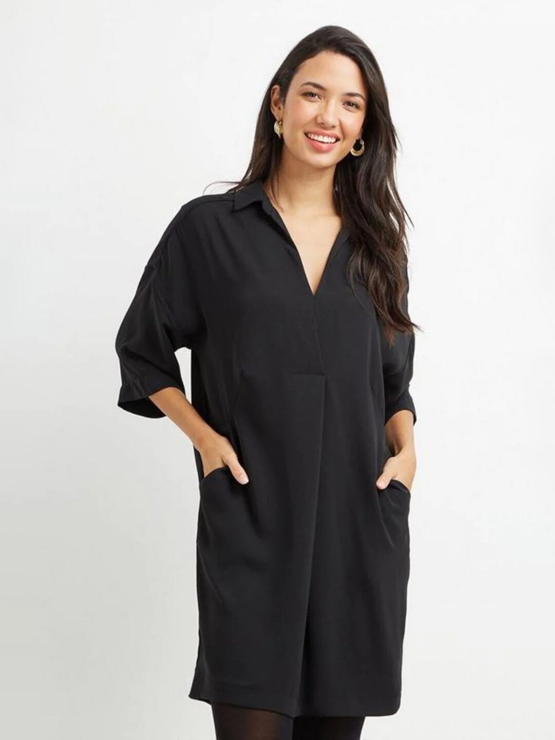 

Styched Regular Sleeves Shirt Dress, Black