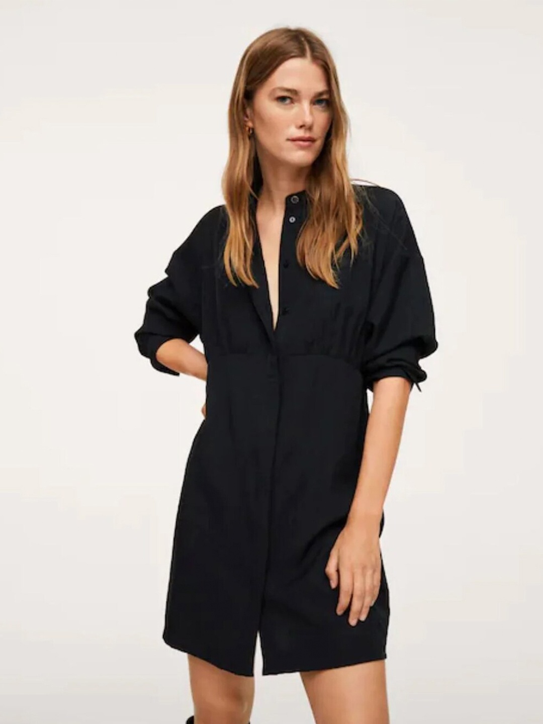 

Styched Mandarin Collar Cuffed Sleeves Cotton A-Line Dress, Black