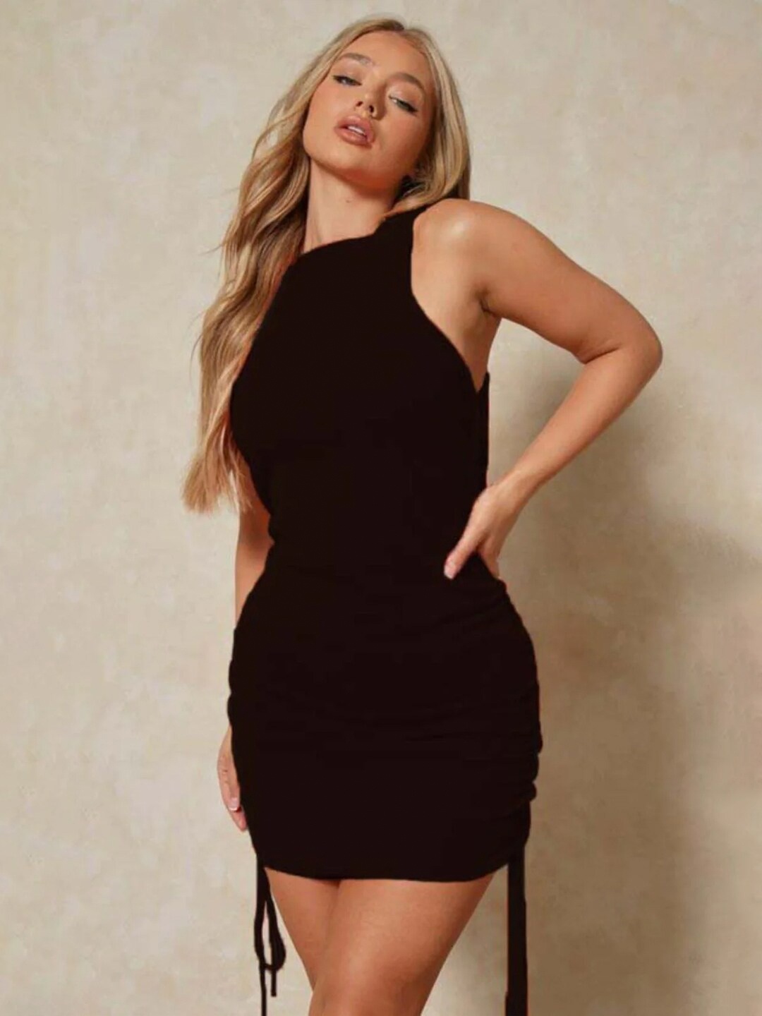 

Styched Halter Neck Ruched Detail Bodycon Mini Dress, Black