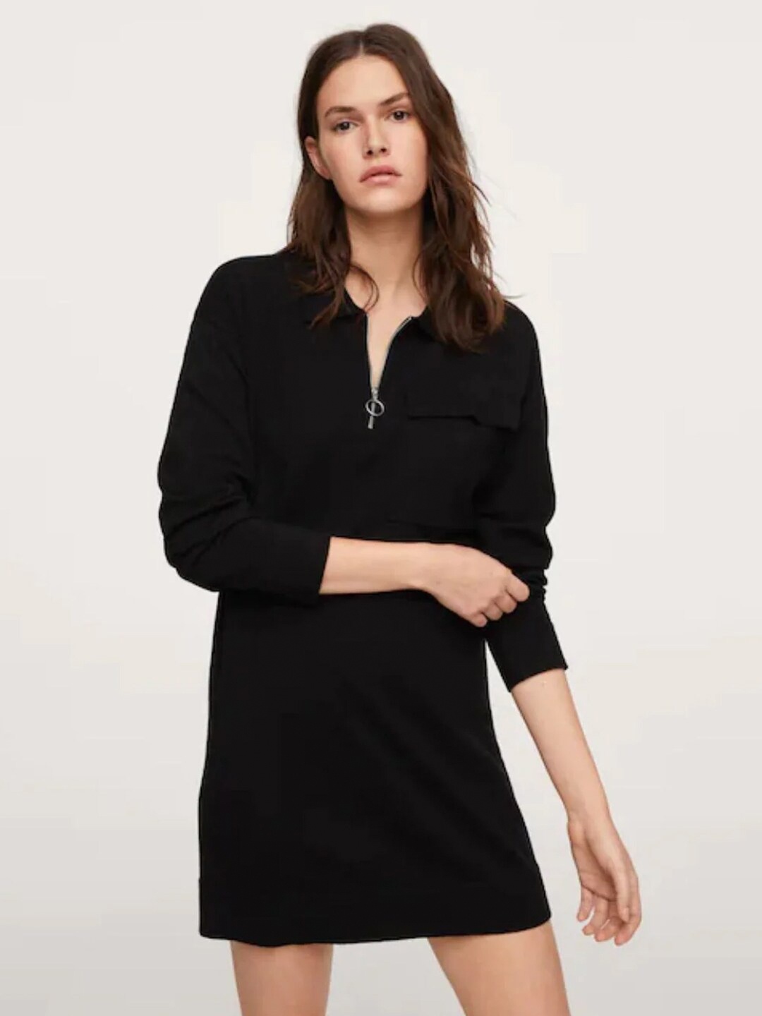 

Styched Mock Neck With Half Zipper A-Line Mini Dress, Black