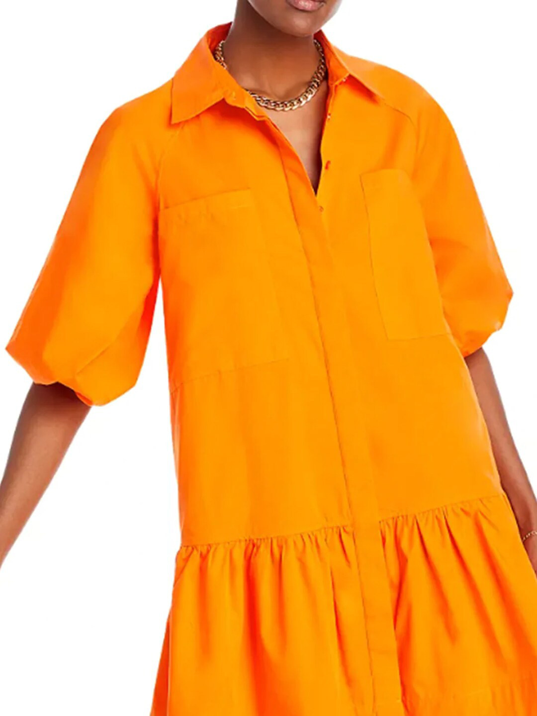 

Styched Shirt Collar Puff Sleeves Shirt Dress, Orange
