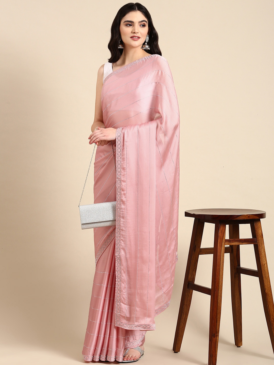

MOHEY Embellished Zari Chinon Saree, Pink