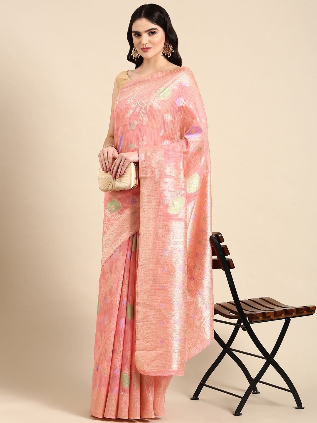 

MOHEY Floral Woven Design Zari Saree, Pink