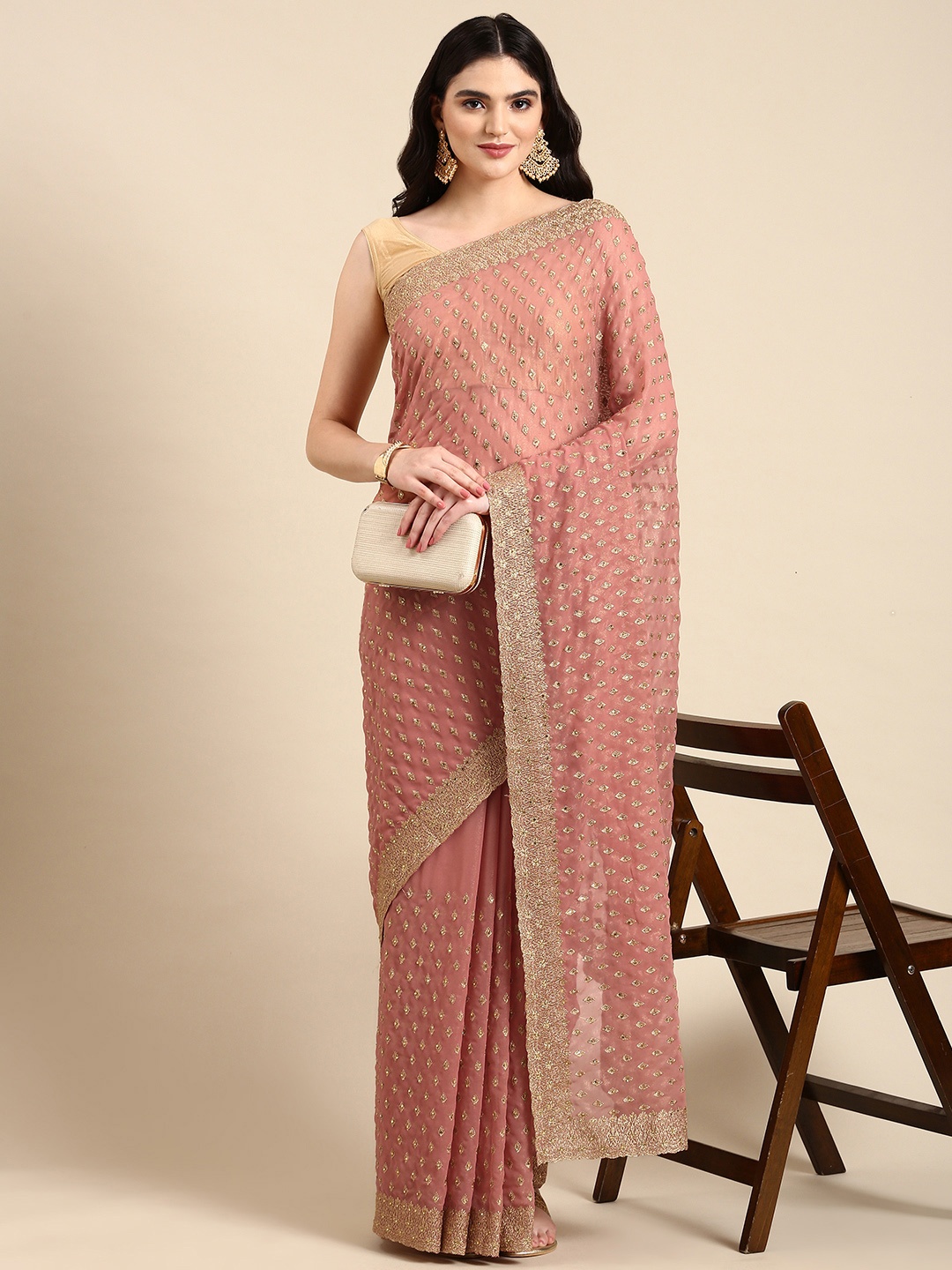 

MOHEY Embellished Zari Pure Georgette Heavy Work Saree, Pink