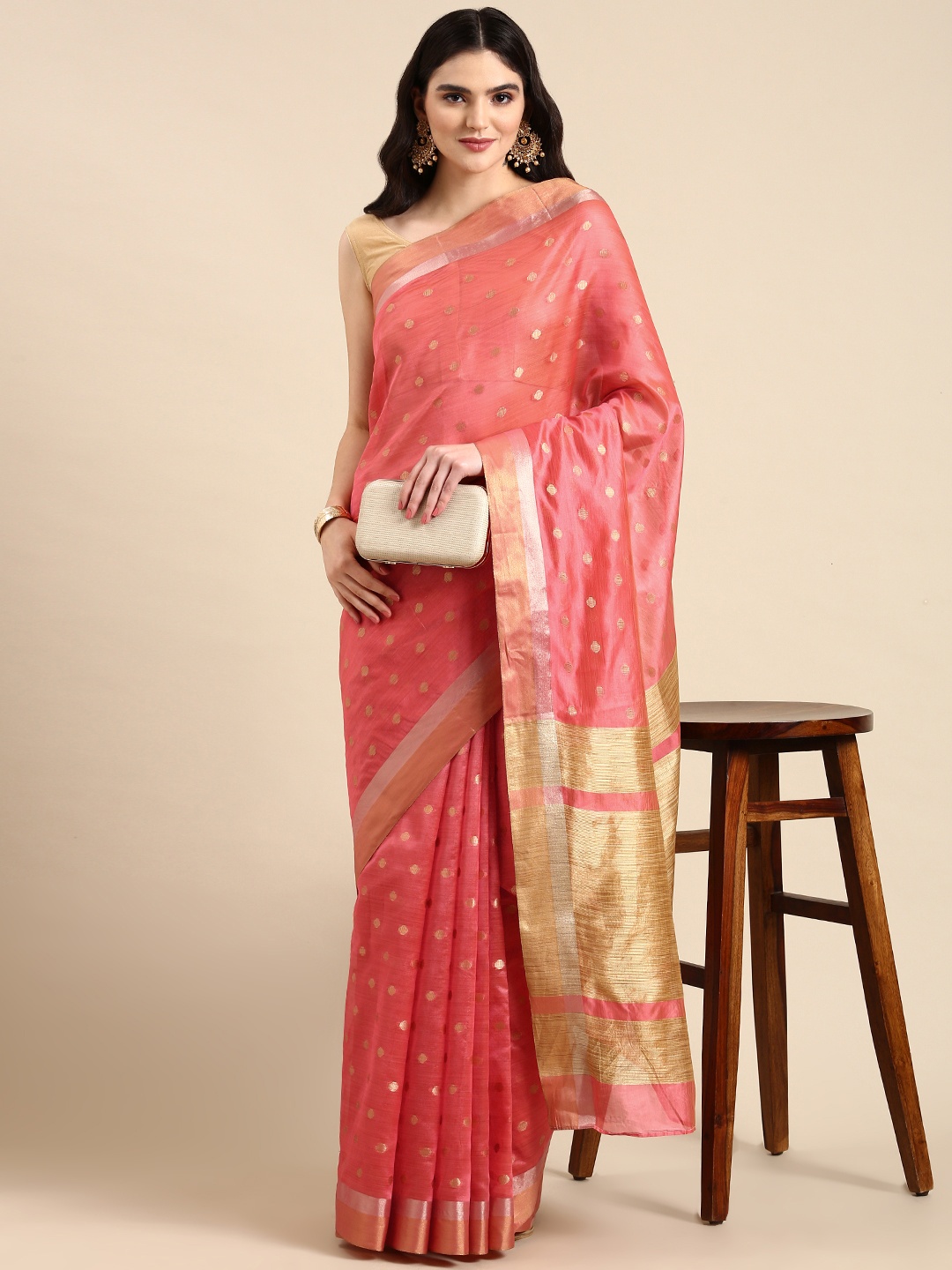 

MOHEY Woven Design Zari Saree, Coral
