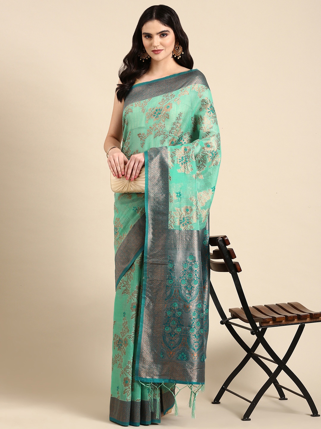 

MOHEY Floral Woven Design Zari Saree, Turquoise blue