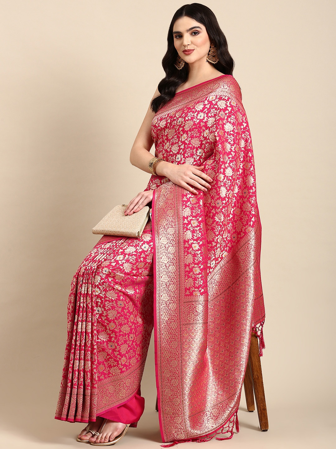 

MOHEY Floral Woven Design Zari Saree, Pink