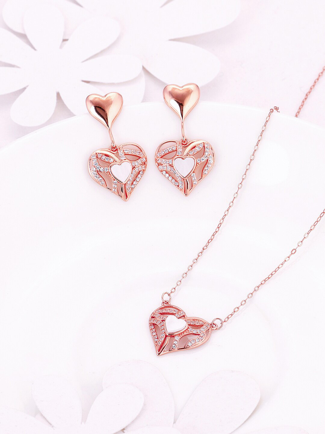 

GIVA 925 Sterling Silver Rose Gold-Plated CZ Studded Heartbeat Shape Necklace And Earrings