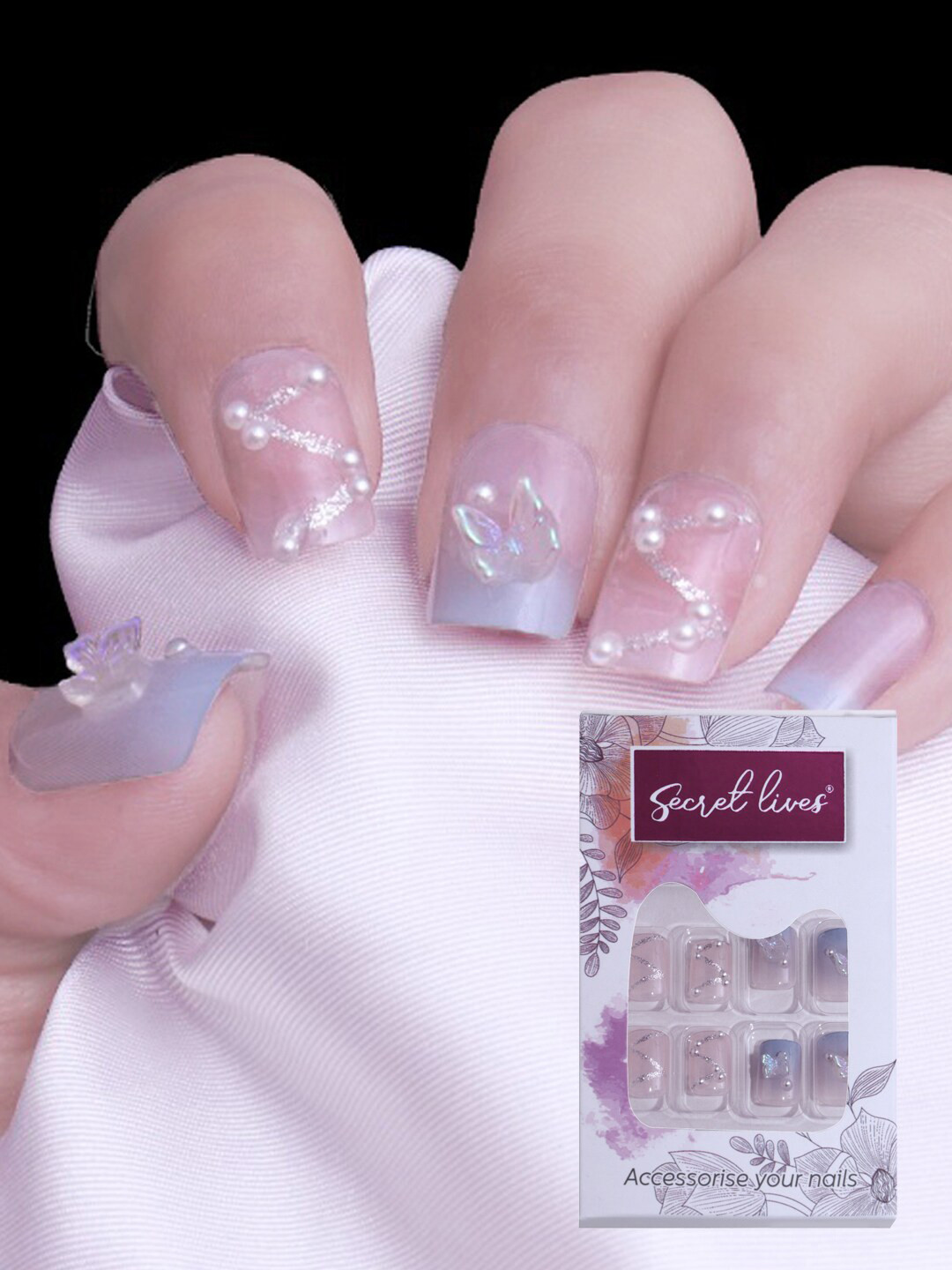 

Secret Lives 24 Pcs Translucent With 3D Pearls & Bow Nail Accessories, Blue