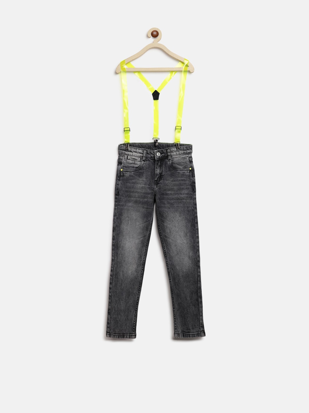 

TALES & STORIES Boys Slim Fit Clean Look Stretchable Jeans With Suspenders, Grey