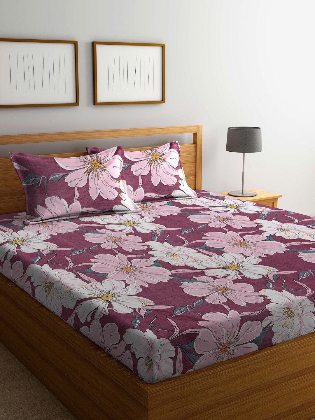 

FABINALIV Magenta Floral Print 300 TC King Size Fitted Bedsheet & 2 Pillow Covers