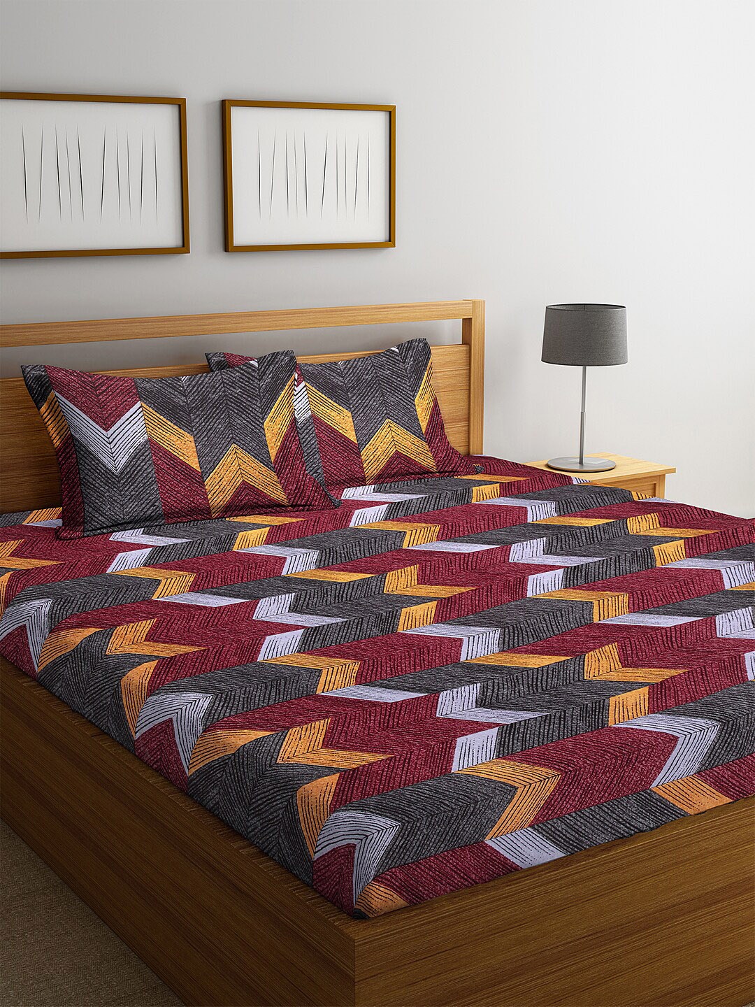 

FABINALIV Maroon & Yellow Geometric Printed 300 TC Fitted King Bedsheet & 2 Pillow Covers